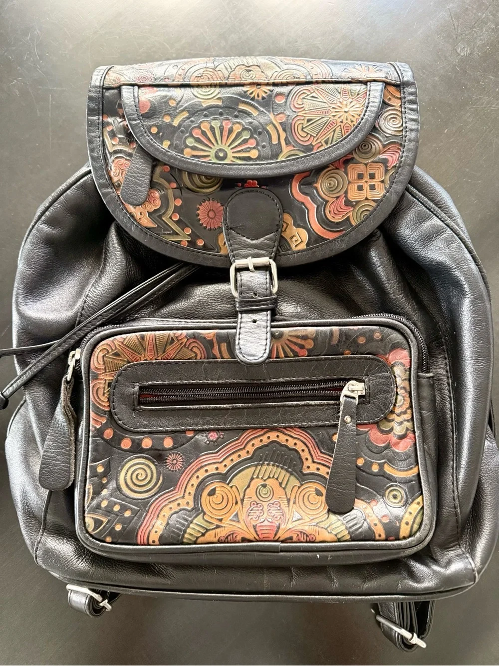 Hand made Black Leather Floral-Print Backpack Purse